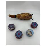 Tin lidded trinket holders & carved gourd