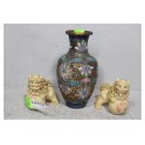 Chinese Cloisonne vase & pair of resin foo dogs
