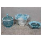 Three Fenton blue to white glass pcs - covered