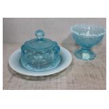 Opalescent blue & white covered butter dish &