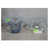 Two opalescent blue art glass pieces - pierced