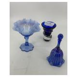 Three pcs Cobalt glassware -  Fenton bell, artist