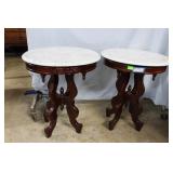 Pair Rosewood stain & marble top lamp tables