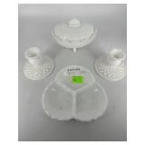 Fenton Hobnail milk glass 4pc - divided dish,