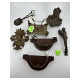 brass desk set - letter holder, tongs & two brass