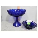 Cobalt gemotric pedestal bowl & lattice bowl