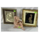 Sand stone nude plaster figure & framed nude