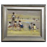 Great acrylic on canvas of children at beach