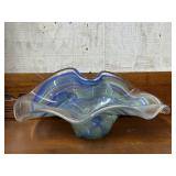 art glass ruffle top center bowl in blue & green