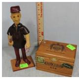 Carved handyman figure & wooden cigar box