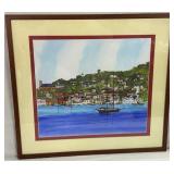 Blue water harbor scene European town 20.5" x