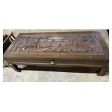 Asian carved low coffee table with single drawer