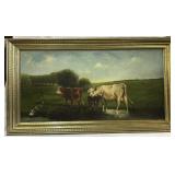 Cows by stream canvas dated 1893 large rip lower