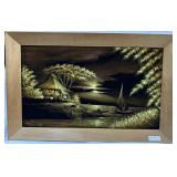 Velvet Tropical night scene artist signed lower