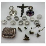 Candlestick pair, crucifix, napkin rings, brass