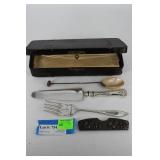 Sterling handled knife, sterling comb cover,