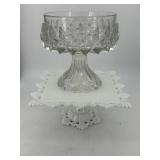 Two glass cake plates clear cut & milk glass