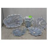 MCM blue opalescent glassware shell set & ruffle