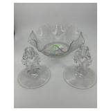 Clear cut ruffle bowl, & pair of pressed glass