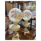 Floral parlor lamp pair with white wash base