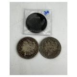 Three US Morgan Silver Dollars: 1882-S, 1883-O, 18