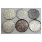 Six US $1 Walking Liberty - 1 troy oz silver round