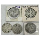 Five Walking Liberty Half Dollars - 90% Silver - 1