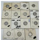 Fifteen US Mercury Dimes - Sleeved: 1917, 1918-D,