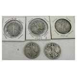 Five Walking Liberty Half Dollars - 90% Silver - 1