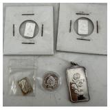 Fine Silver grouping incl 10g bar with flower etch