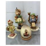 Four Goebels incl egg, boy on fence, girl with bas