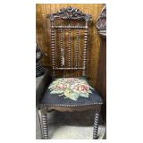 Heavily Carved, Needlepoint Chair with Spindle Bac