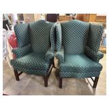 Pair Wingback Emerald Green Upholstered Chairs wit