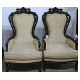 Pair Ornately Carved Upholstered Wing Back Chairs