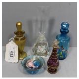 Four art glass HP Perfume Bottles & one ring holde