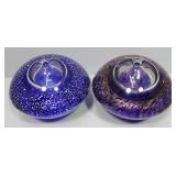 Two squat Complementary Blue Speckled Art Glass Va