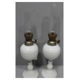 Pair Milk Glass Pointed-hobnail Oil Lamps w/ hurri