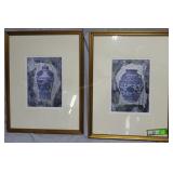 Pair of blue cloisinee prints with Chinese writing