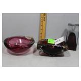 Two Art Glass Ashtrays and Krosho Art Glass Candle