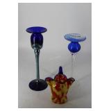 Two Pedestal Candlesticks and Unique Cobalt, yello