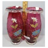 Pair of Cranberry Handpainted Vases in Gold and Bl