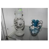 Blue & white spongeware pitcher & Opaline Vase