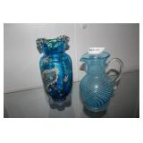 HP Venetian ruffle top vase & blue swirl pitcher