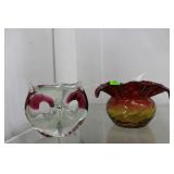 Amberina ruffle top vase & owl glass paperweight