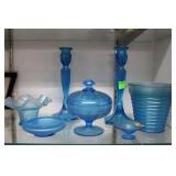 Iridescent Blue Glassware 7 pc set: Lidded Candy D