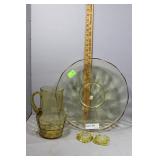 Yellow glass pitcher, serving tray & two ashtrays