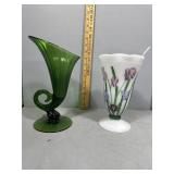 Two Art Glass Vases incl HP milkglass 9" H & Cambr