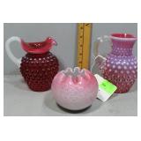 Three Pink and White Art glass: Two Fenton Hobnail