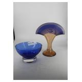 Cobalt Bowl with clear pedestal base & Fan Vase wi