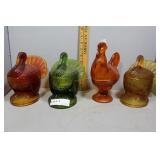 Four Art Glass Fowl: (3) Turkeys in yellow, red, a